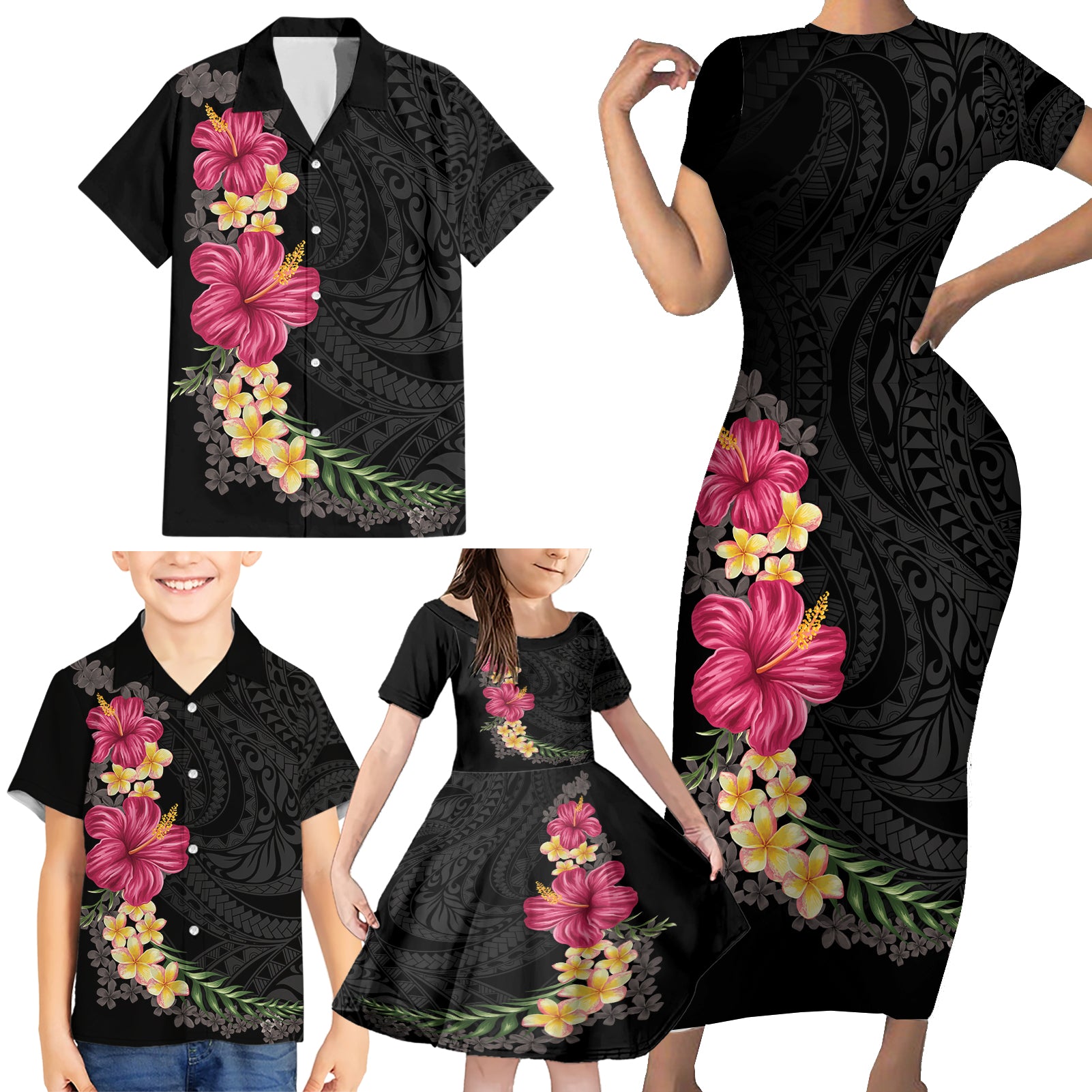 Hawaiian Plumeria and Hibiscus Family Matching Short Sleeve Bodycon Dress and Hawaiian Shirt Colorful Style