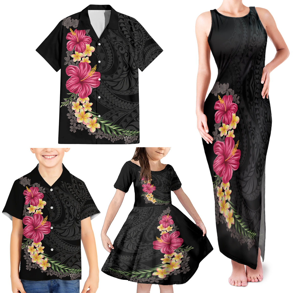 Hawaiian Plumeria and Hibiscus Family Matching Tank Maxi Dress and Hawaiian Shirt Colorful Style