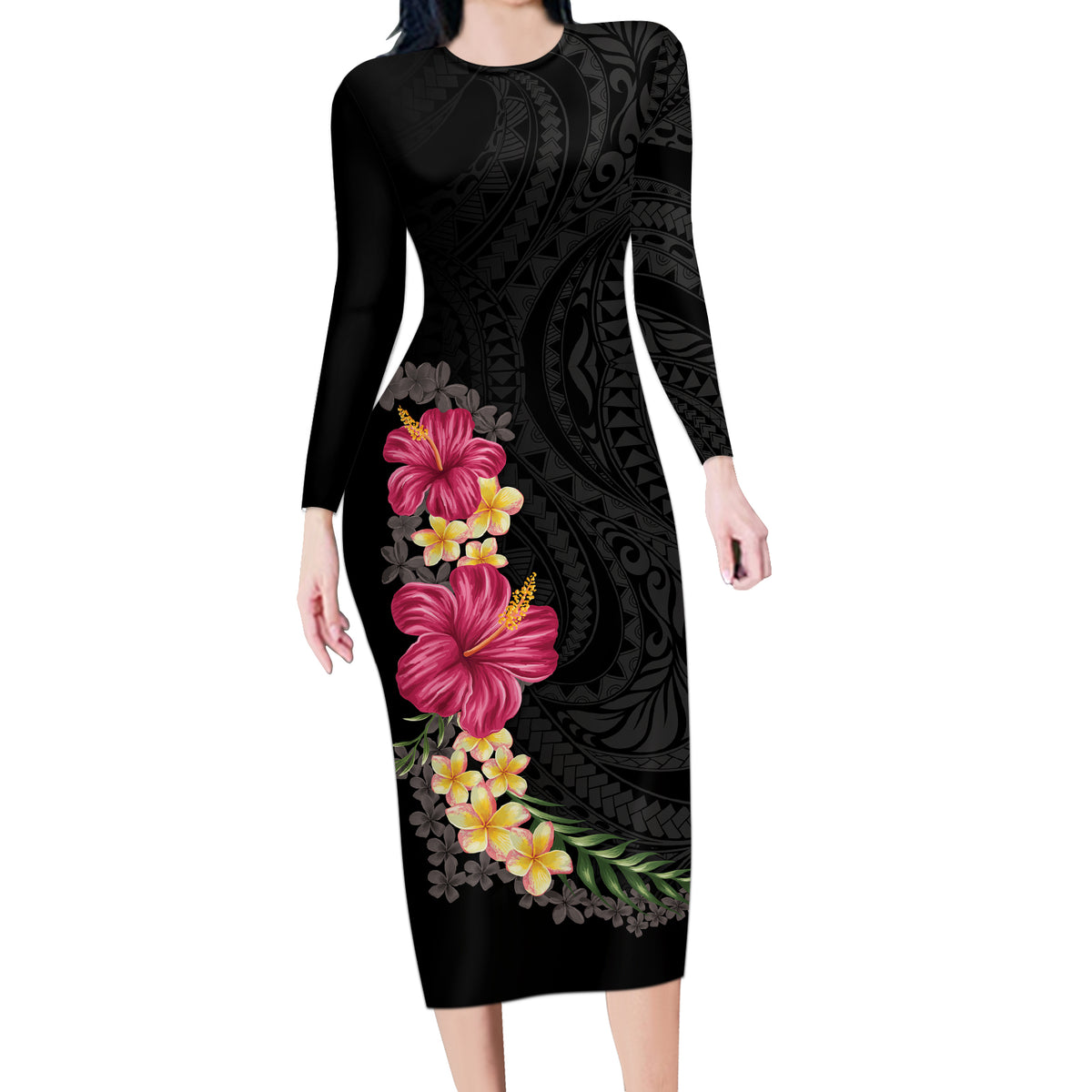 Hawaiian Plumeria and Hibiscus Long Sleeve Bodycon Dress Colorful Style