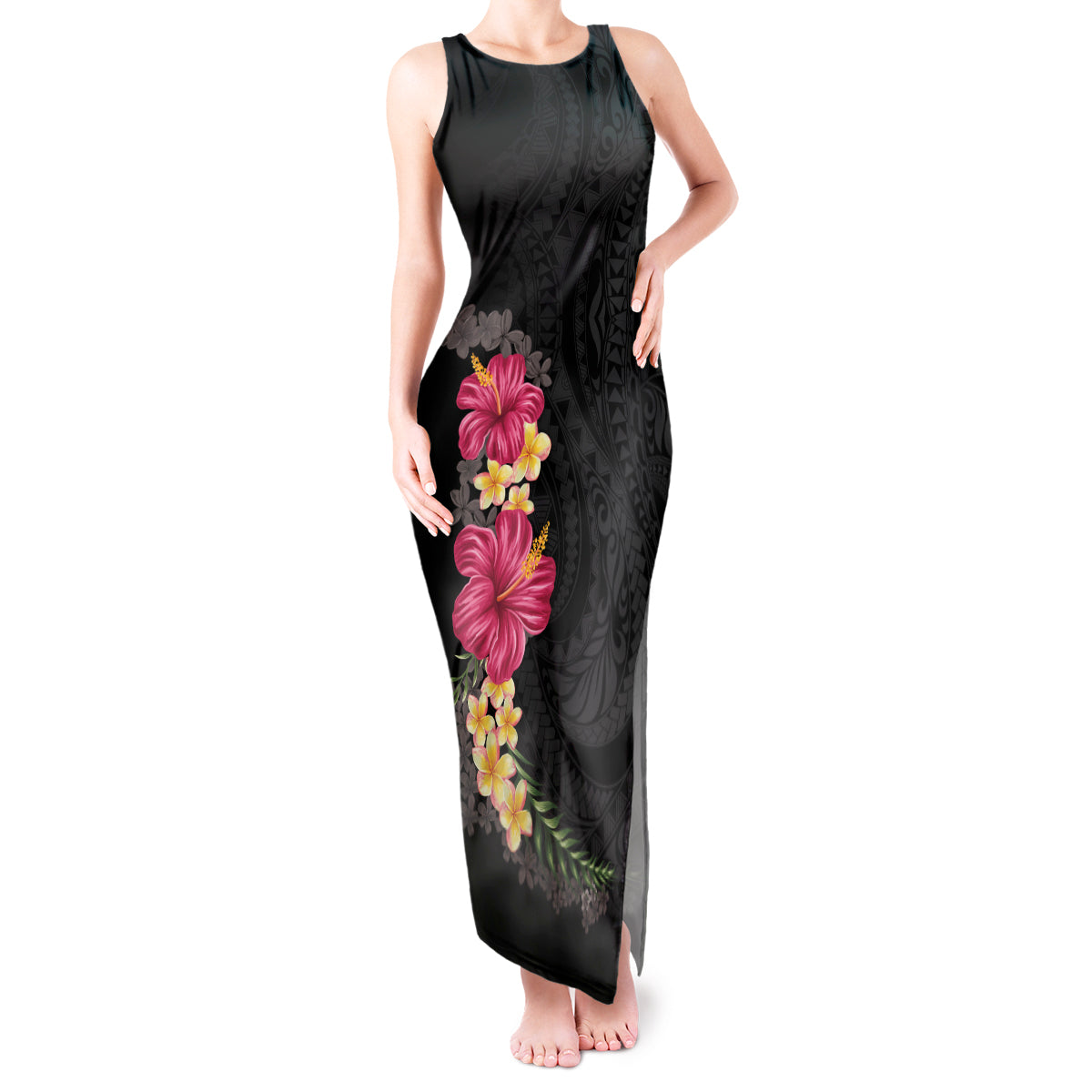 Hawaiian Plumeria and Hibiscus Tank Maxi Dress Colorful Style