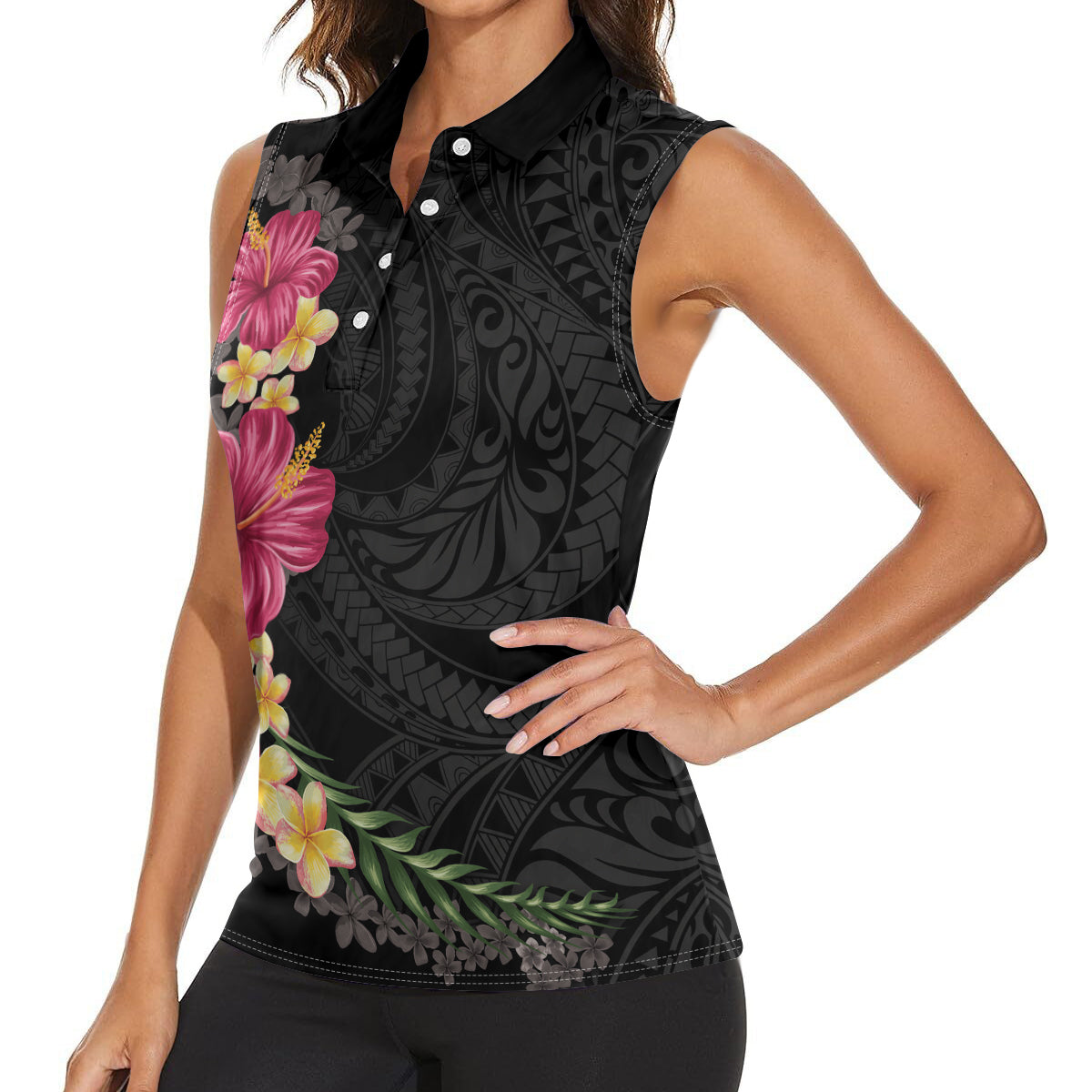 Hawaiian Plumeria and Hibiscus Women Sleeveless Polo Shirt Colorful Style