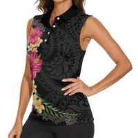 Hawaiian Plumeria and Hibiscus Women Sleeveless Polo Shirt Colorful Style