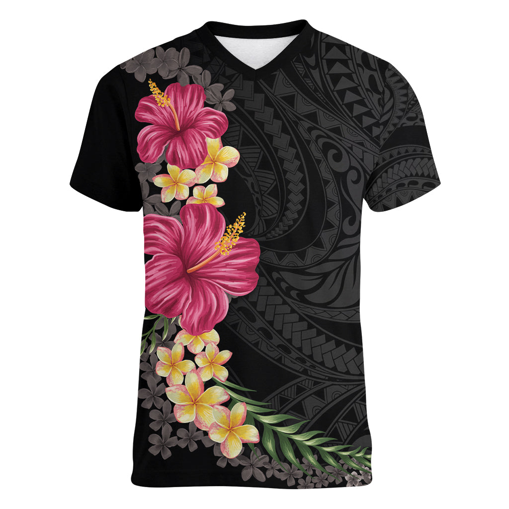 Hawaiian Plumeria and Hibiscus Women V-Neck T-Shirt Colorful Style