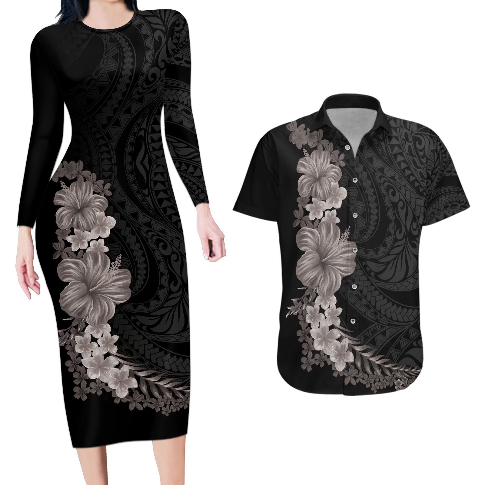 Hawaiian Plumeria and Hibiscus Couples Matching Long Sleeve Bodycon Dress and Hawaiian Shirt Grayscale Mode