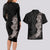 Hawaiian Plumeria and Hibiscus Couples Matching Long Sleeve Bodycon Dress and Hawaiian Shirt Grayscale Mode