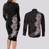 Hawaiian Plumeria and Hibiscus Couples Matching Long Sleeve Bodycon Dress and Long Sleeve Button Shirt Grayscale Mode