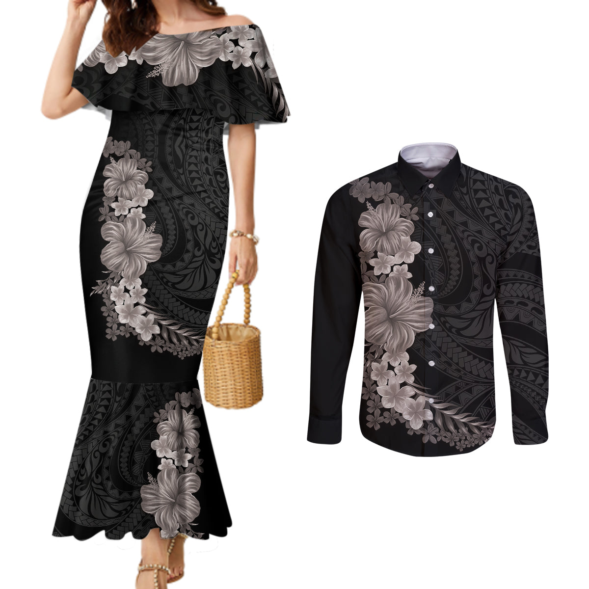 Hawaiian Plumeria and Hibiscus Couples Matching Mermaid Dress and Long Sleeve Button Shirt Grayscale Mode