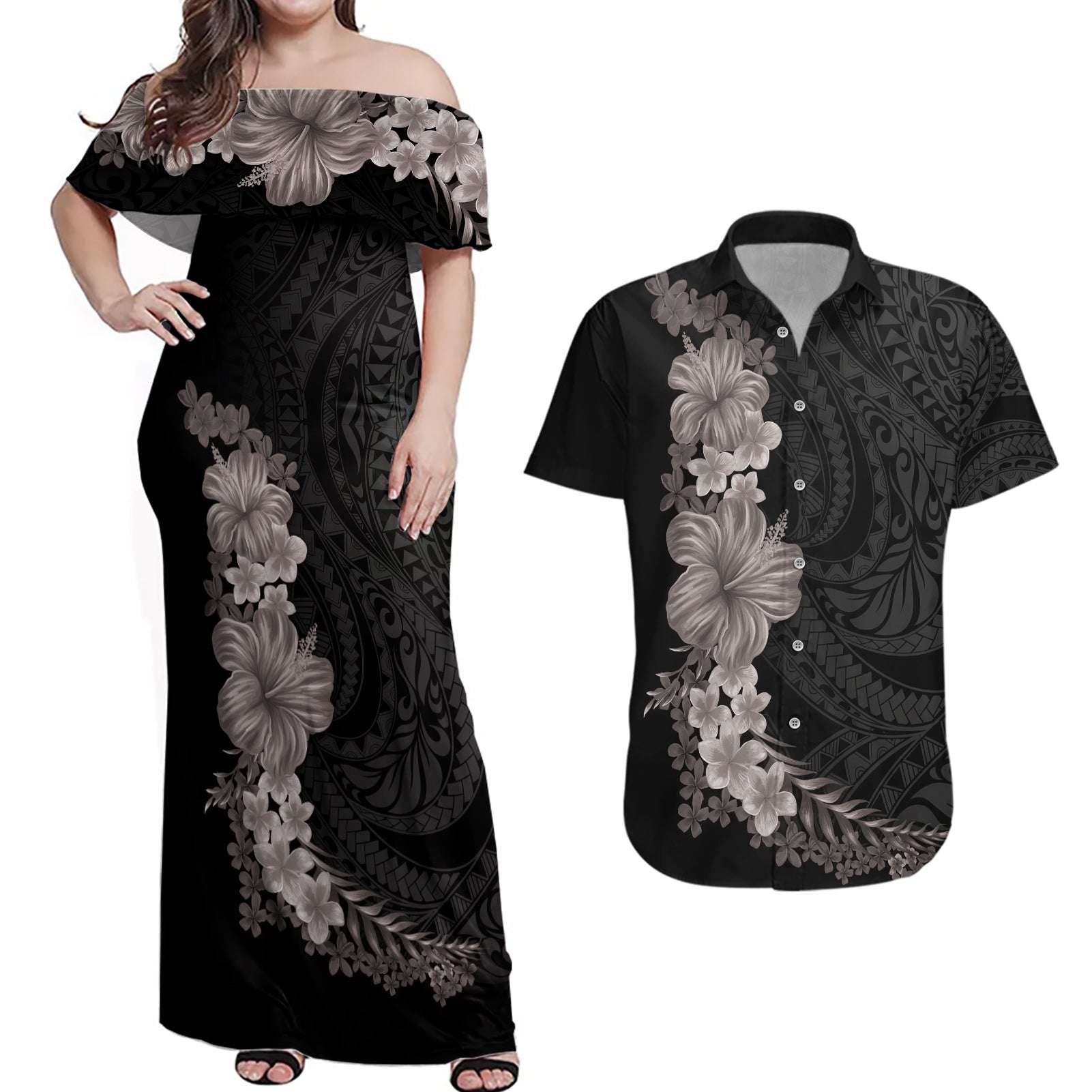 Hawaiian Plumeria and Hibiscus Couples Matching Off Shoulder Maxi Dress and Hawaiian Shirt Grayscale Mode