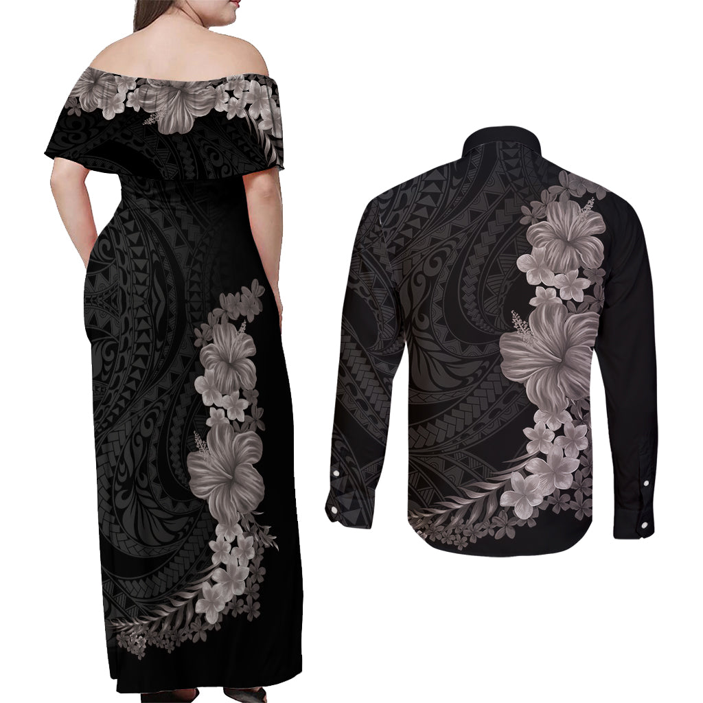 Hawaiian Plumeria and Hibiscus Couples Matching Off Shoulder Maxi Dress and Long Sleeve Button Shirt Grayscale Mode