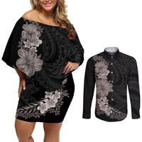Hawaiian Plumeria and Hibiscus Couples Matching Off Shoulder Short Dress and Long Sleeve Button Shirt Grayscale Mode