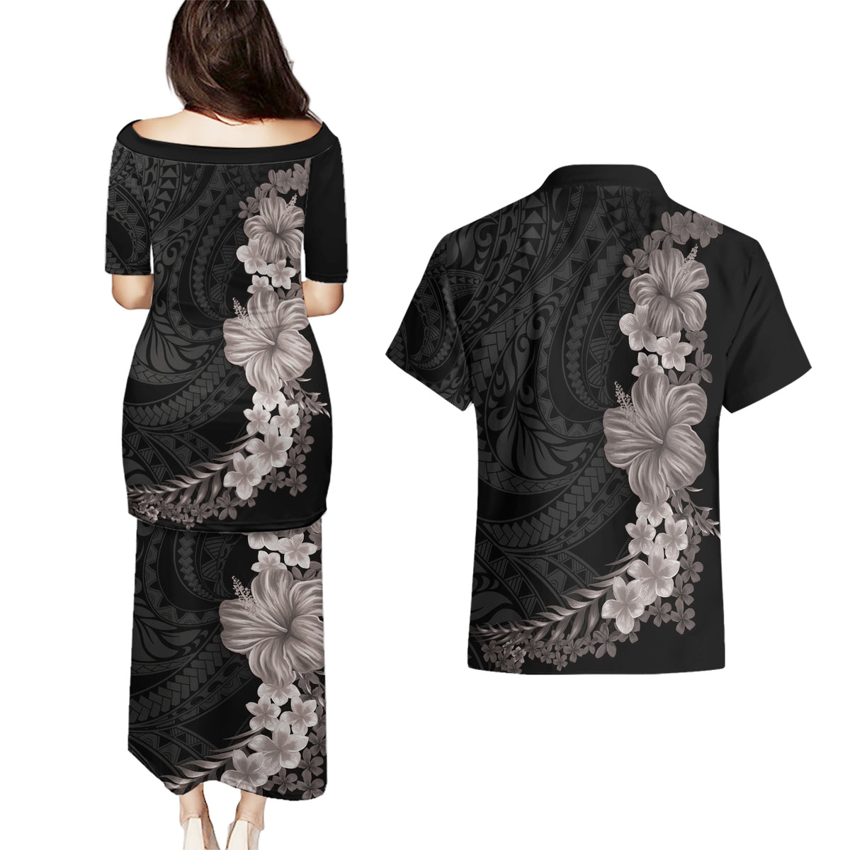 Hawaiian Plumeria and Hibiscus Couples Matching Puletasi and Hawaiian Shirt Grayscale Mode