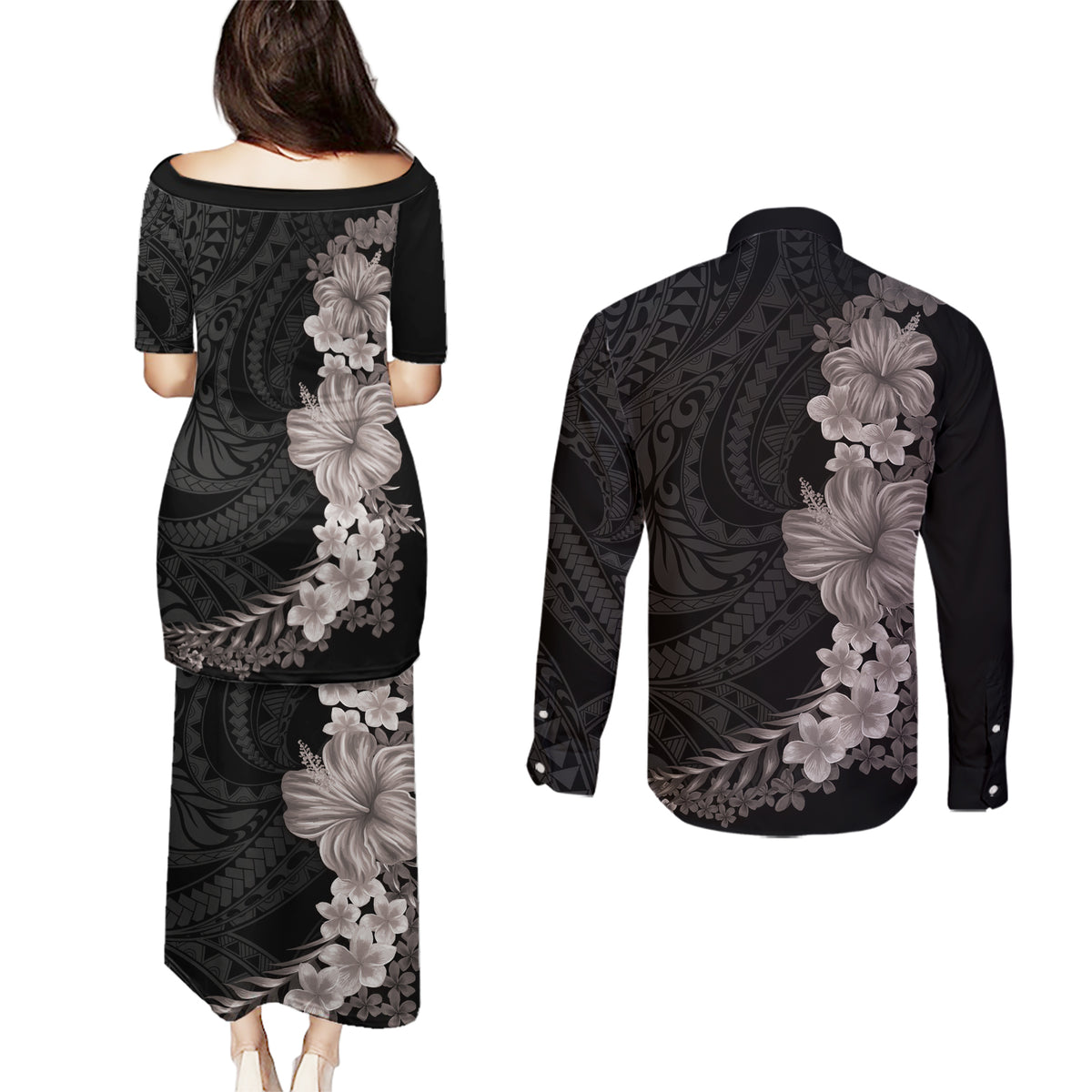 Hawaiian Plumeria and Hibiscus Couples Matching Puletasi and Long Sleeve Button Shirt Grayscale Mode