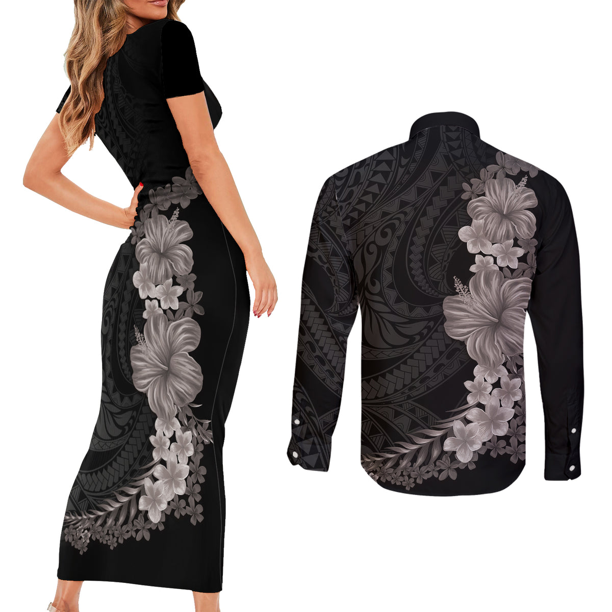 Hawaiian Plumeria and Hibiscus Couples Matching Short Sleeve Bodycon Dress and Long Sleeve Button Shirt Grayscale Mode