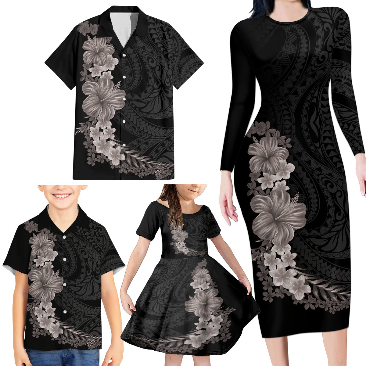 Hawaiian Plumeria and Hibiscus Family Matching Long Sleeve Bodycon Dress and Hawaiian Shirt Grayscale Mode