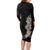 Hawaiian Plumeria and Hibiscus Family Matching Long Sleeve Bodycon Dress and Hawaiian Shirt Grayscale Mode