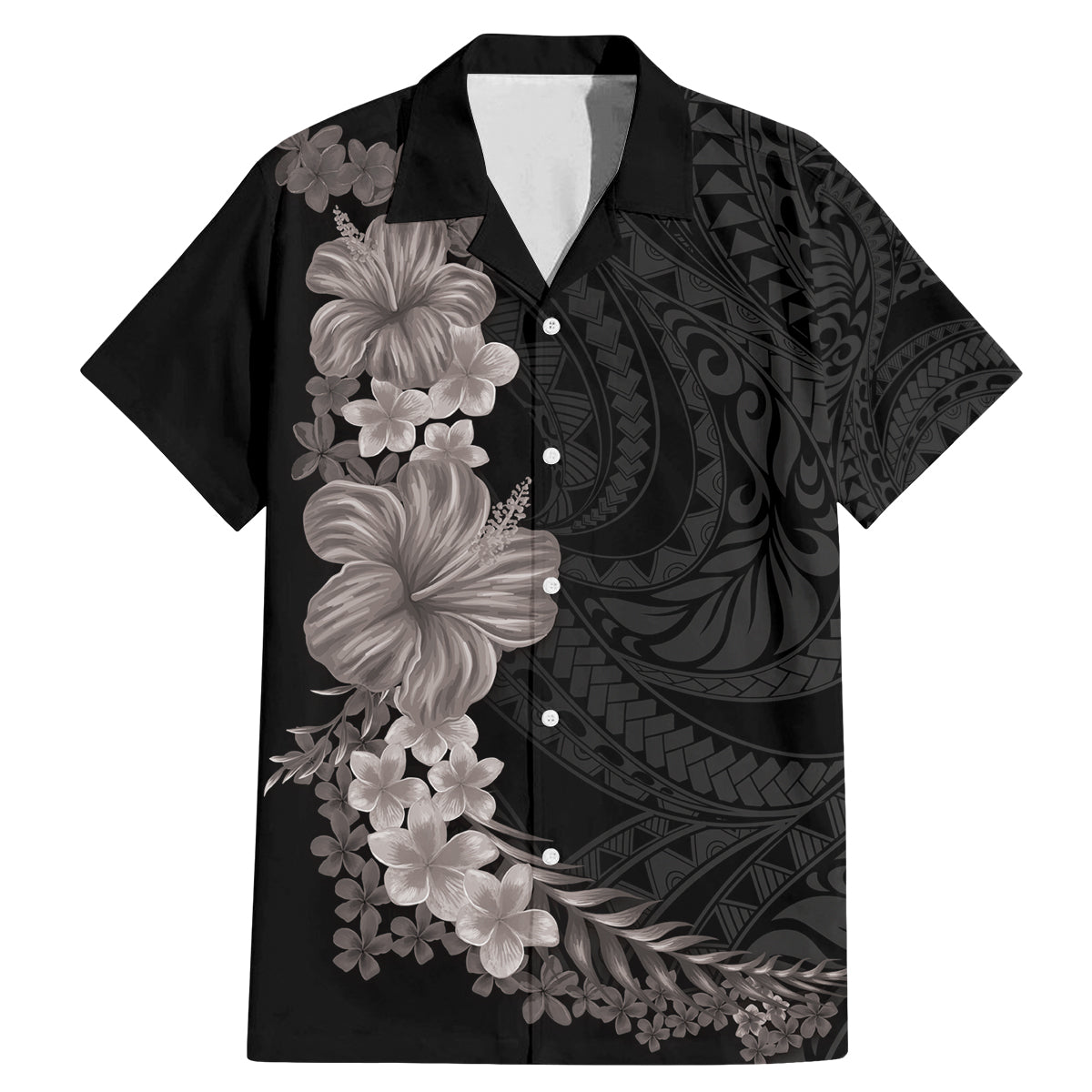 Hawaiian Plumeria and Hibiscus Family Matching Mermaid Dress and Hawaiian Shirt Grayscale Mode