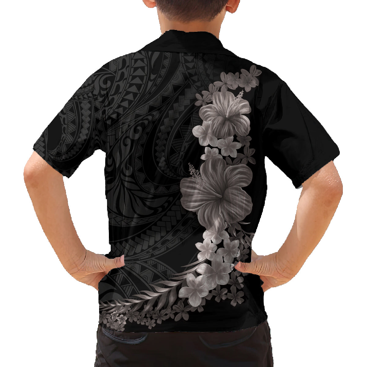Hawaiian Plumeria and Hibiscus Family Matching Off The Shoulder Long Sleeve Dress and Hawaiian Shirt Grayscale Mode