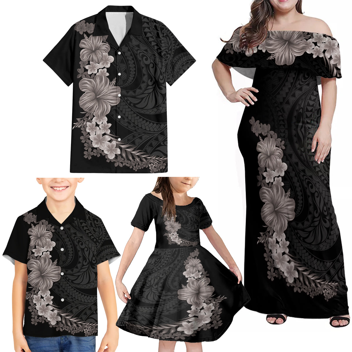 Hawaiian Plumeria and Hibiscus Family Matching Off Shoulder Maxi Dress and Hawaiian Shirt Grayscale Mode