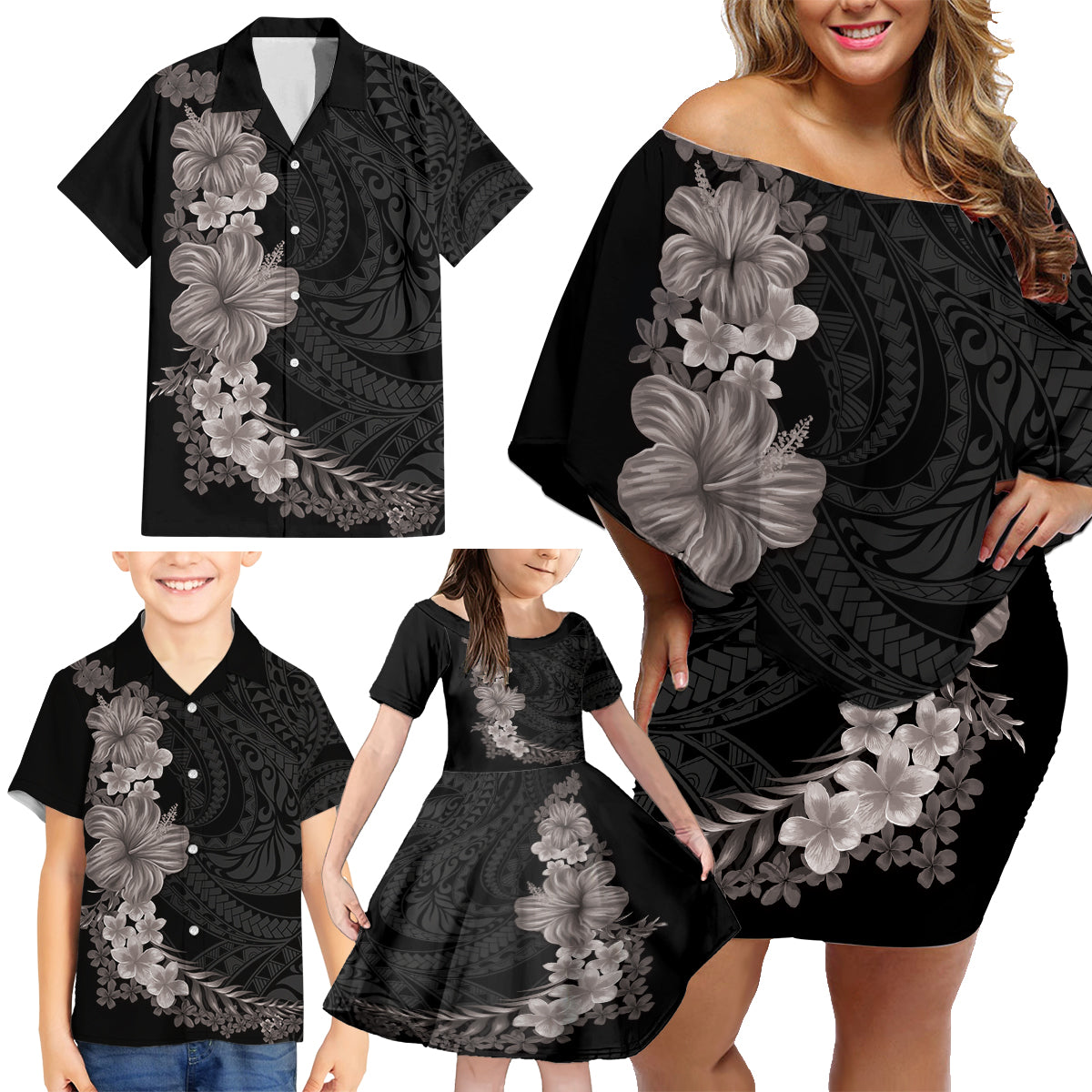 Hawaiian Plumeria and Hibiscus Family Matching Off Shoulder Short Dress and Hawaiian Shirt Grayscale Mode