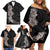 Hawaiian Plumeria and Hibiscus Family Matching Off Shoulder Short Dress and Hawaiian Shirt Grayscale Mode