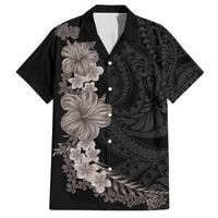 Hawaiian Plumeria and Hibiscus Family Matching Off Shoulder Short Dress and Hawaiian Shirt Grayscale Mode