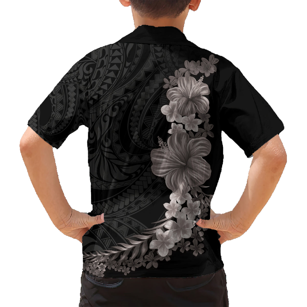 Hawaiian Plumeria and Hibiscus Kid Hawaiian Shirt Grayscale Mode