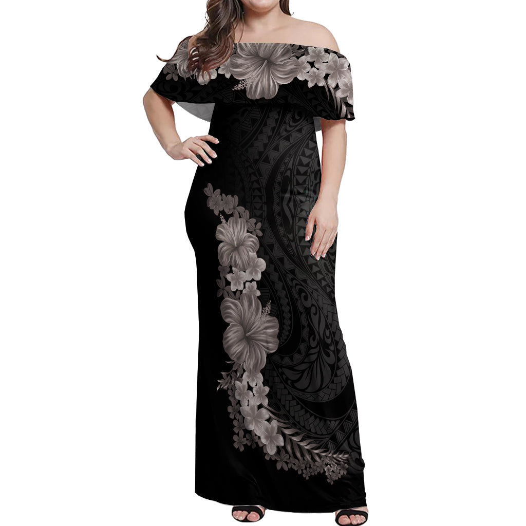 Hawaiian Plumeria and Hibiscus Off Shoulder Maxi Dress Grayscale Mode