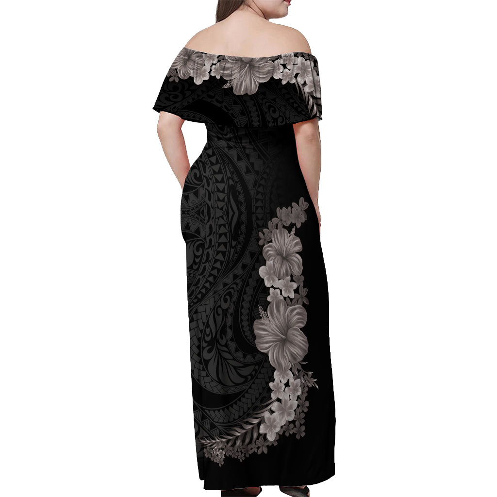 Hawaiian Plumeria and Hibiscus Off Shoulder Maxi Dress Grayscale Mode
