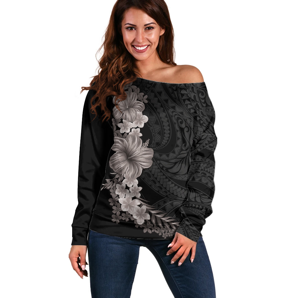 Hawaiian Plumeria and Hibiscus Off Shoulder Sweater Grayscale Mode