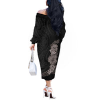 Hawaiian Plumeria and Hibiscus Off The Shoulder Long Sleeve Dress Grayscale Mode