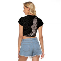 Hawaiian Plumeria and Hibiscus Raglan Cropped T Shirt Grayscale Mode