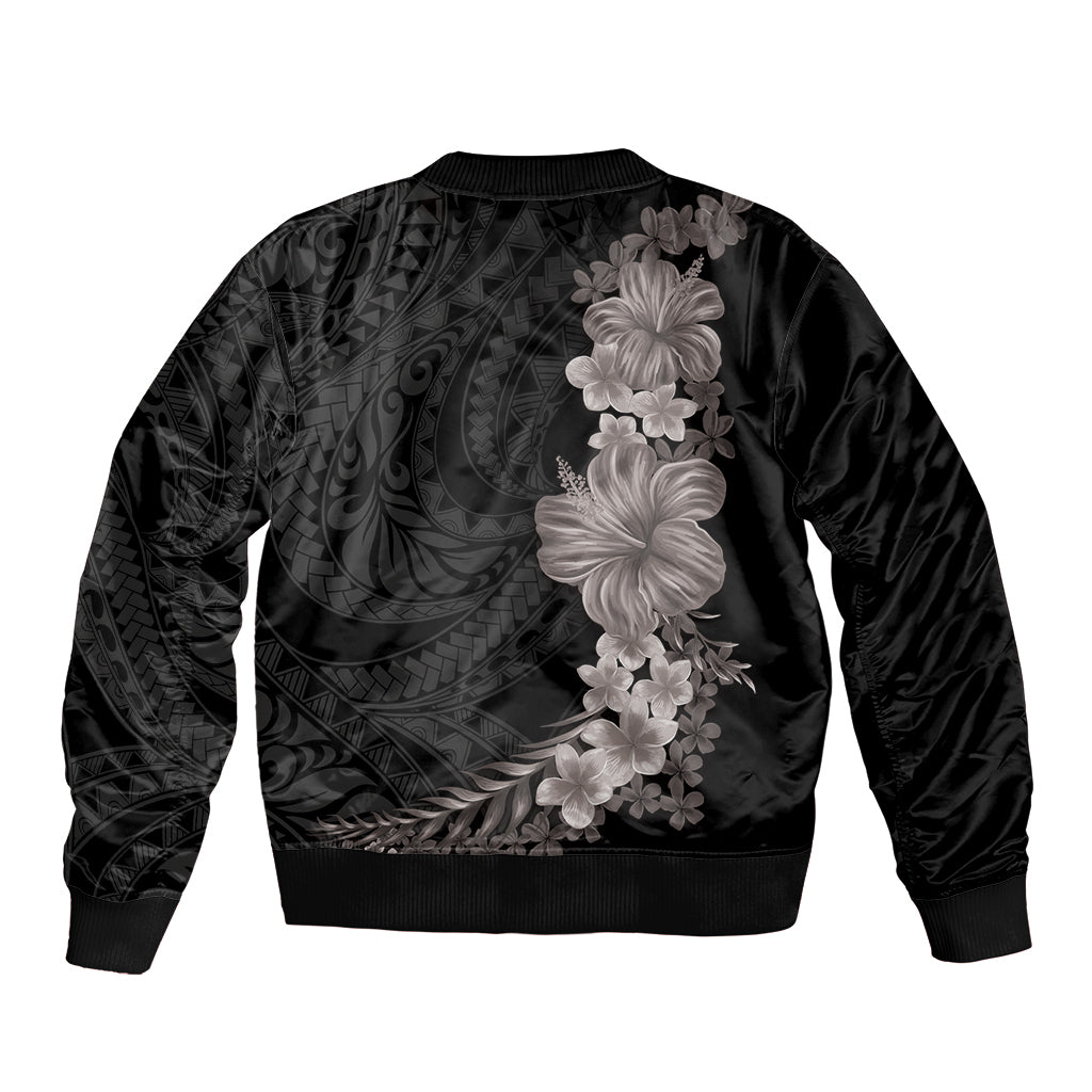 Hawaiian Plumeria and Hibiscus Sleeve Zip Bomber Jacket Grayscale Mode