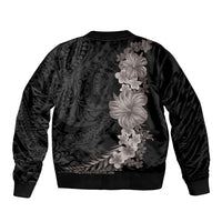 Hawaiian Plumeria and Hibiscus Sleeve Zip Bomber Jacket Grayscale Mode