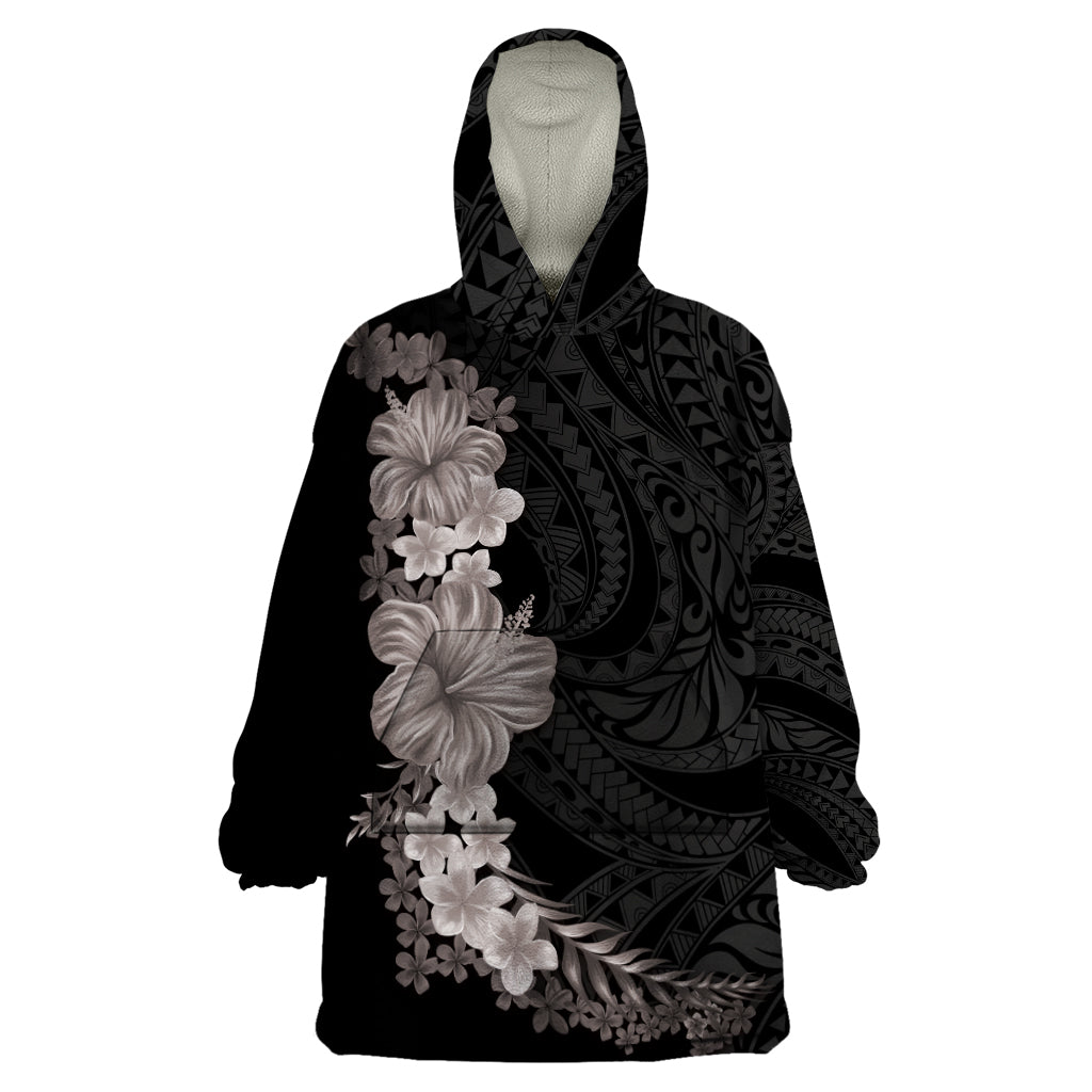 Hawaiian Plumeria and Hibiscus Wearable Blanket Hoodie Grayscale Mode