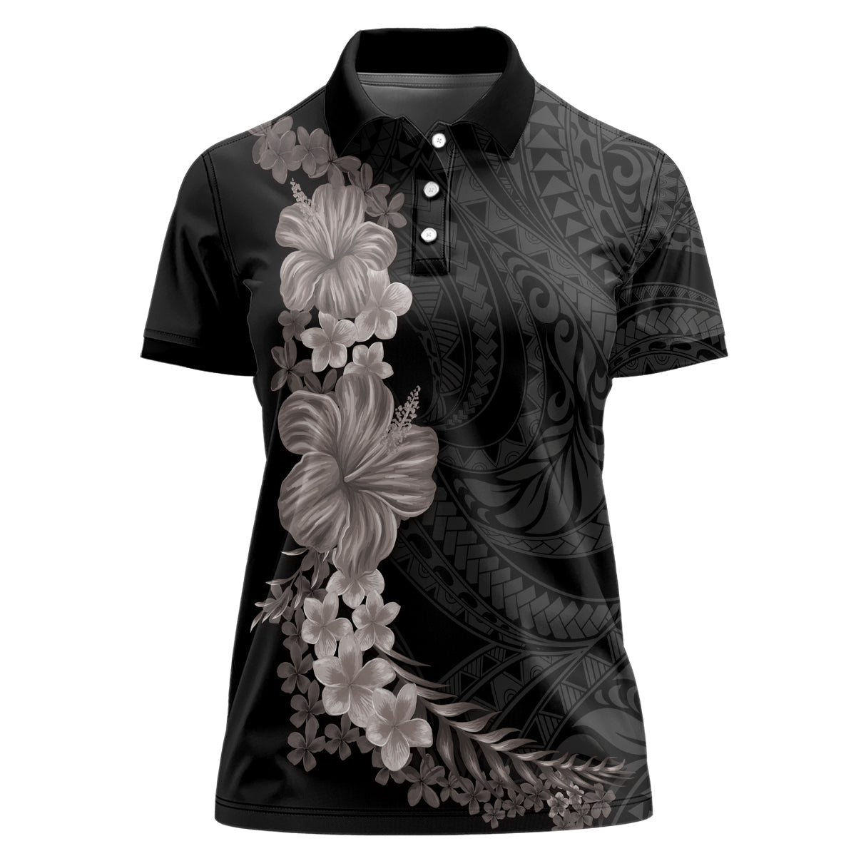 Hawaiian Plumeria and Hibiscus Women Polo Shirt Grayscale Mode