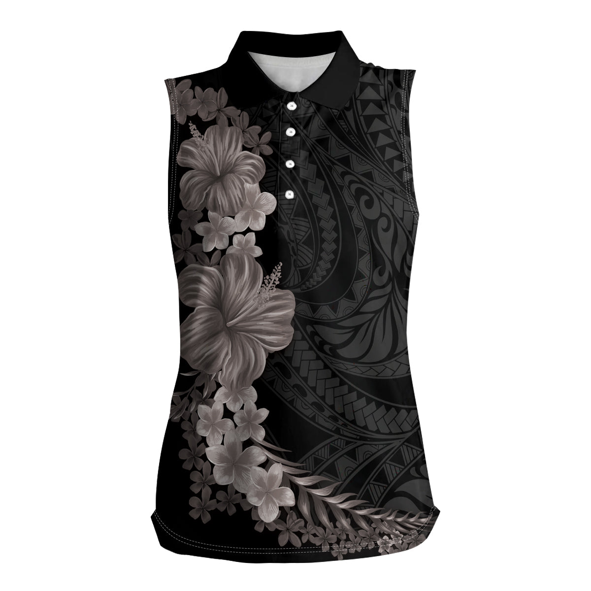 Hawaiian Plumeria and Hibiscus Women Sleeveless Polo Shirt Grayscale Mode