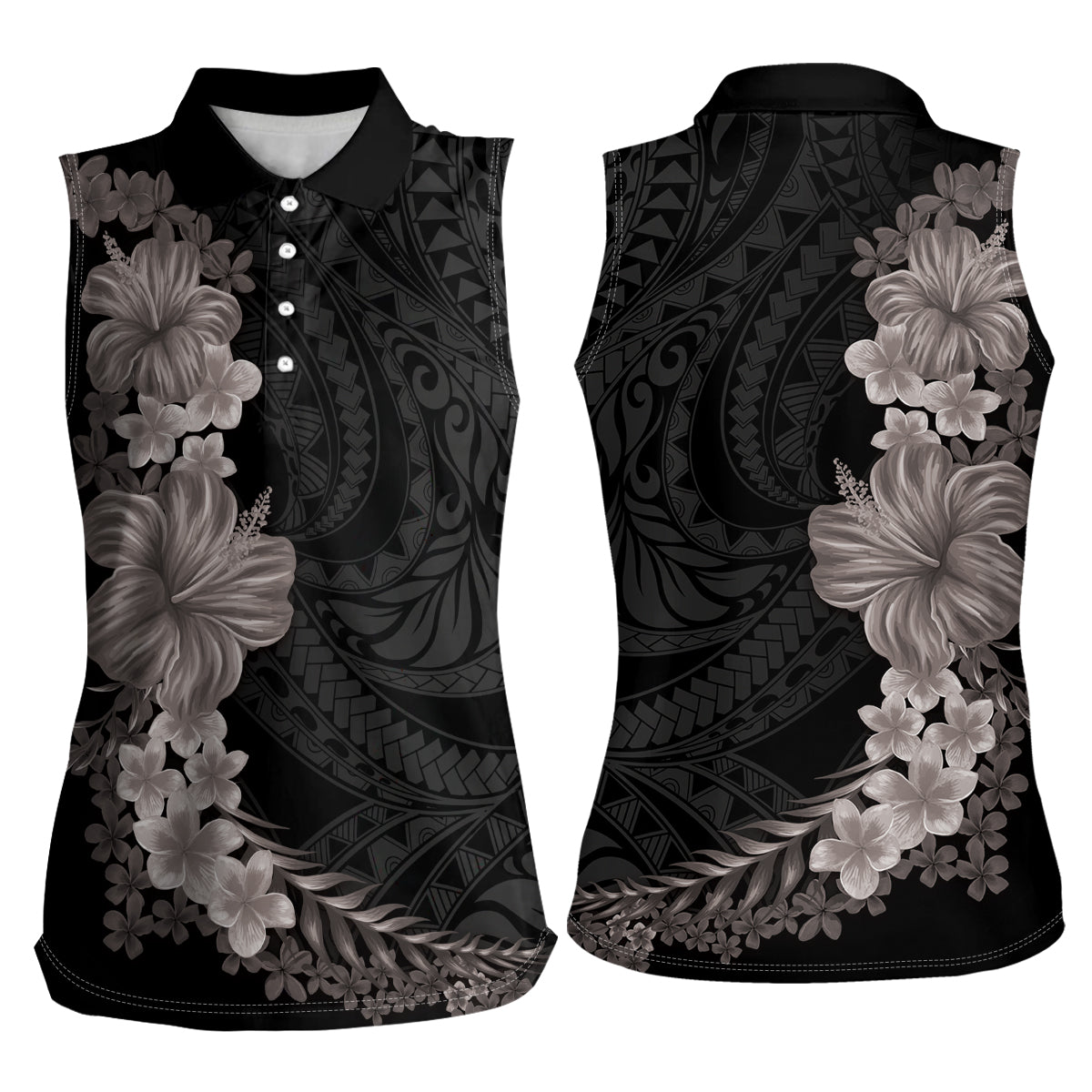 Hawaiian Plumeria and Hibiscus Women Sleeveless Polo Shirt Grayscale Mode