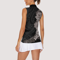 Hawaiian Plumeria and Hibiscus Women Sleeveless Polo Shirt Grayscale Mode