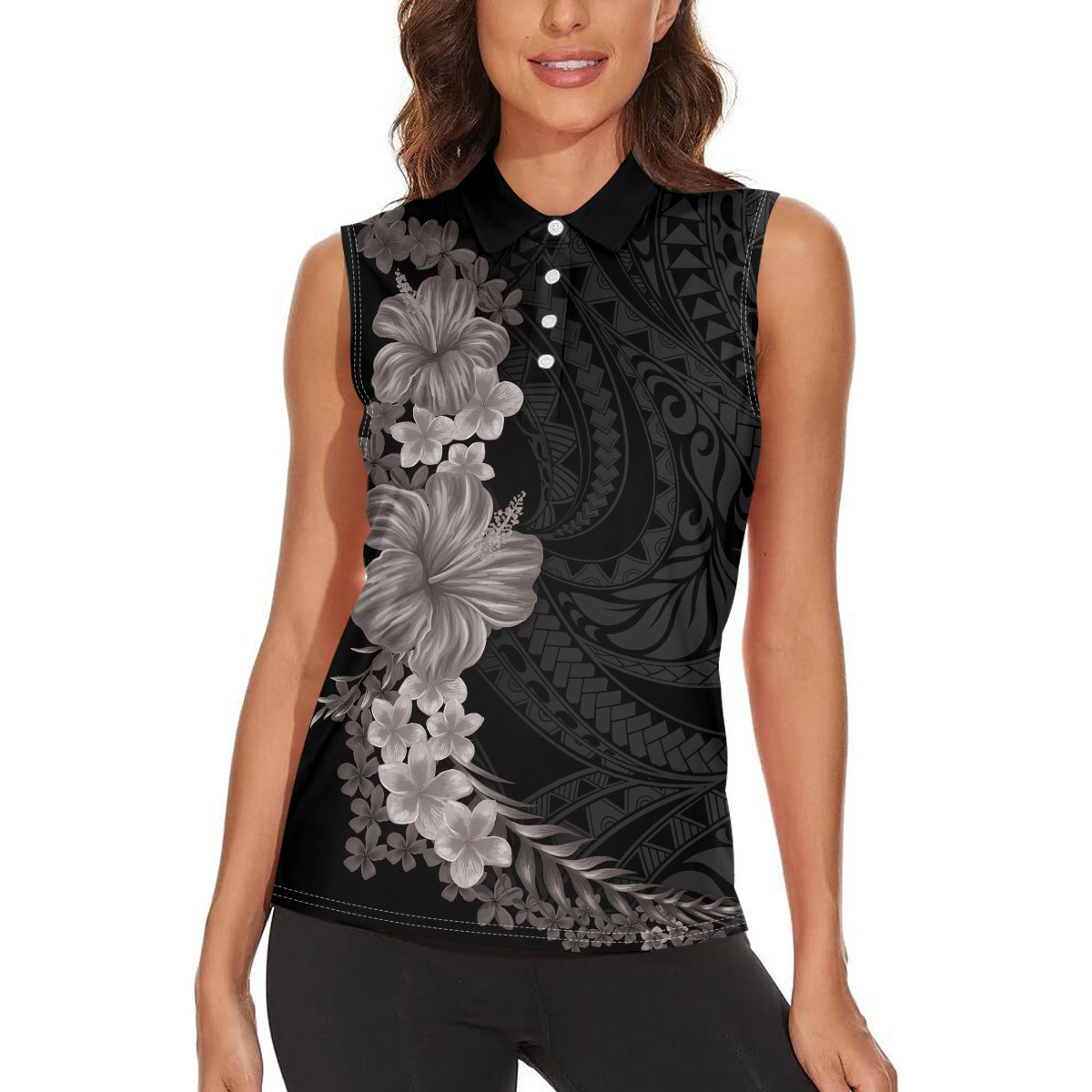 Hawaiian Plumeria and Hibiscus Women Sleeveless Polo Shirt Grayscale Mode