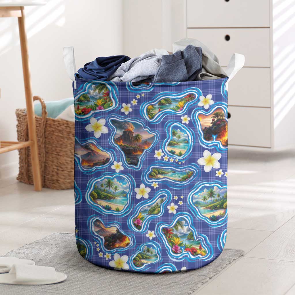 Hawaiian Island Shapes-Iconic Landscape Laundry Basket with Plumeria and Palaka Blue Color LT03 Blue - Polynesian Pride