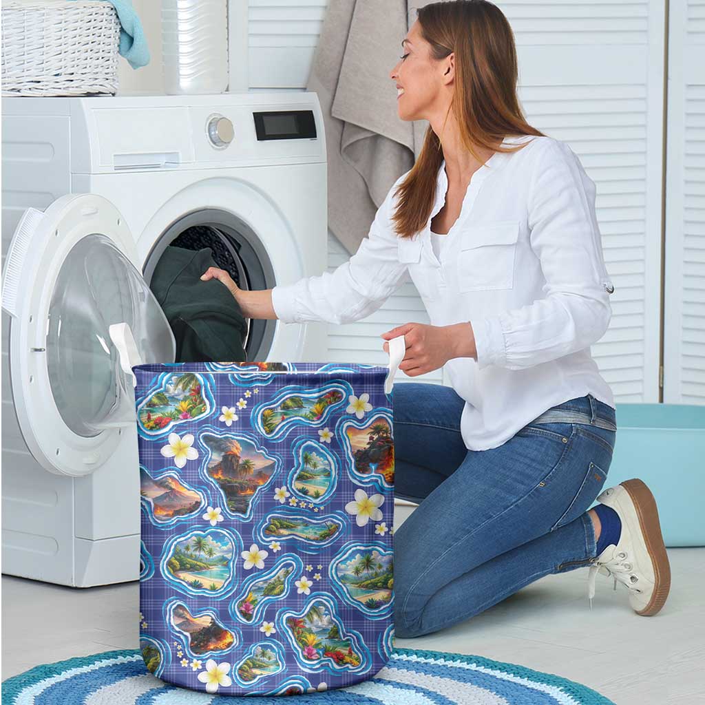 Hawaiian Island Shapes-Iconic Landscape Laundry Basket with Plumeria and Palaka Blue Color LT03 - Polynesian Pride