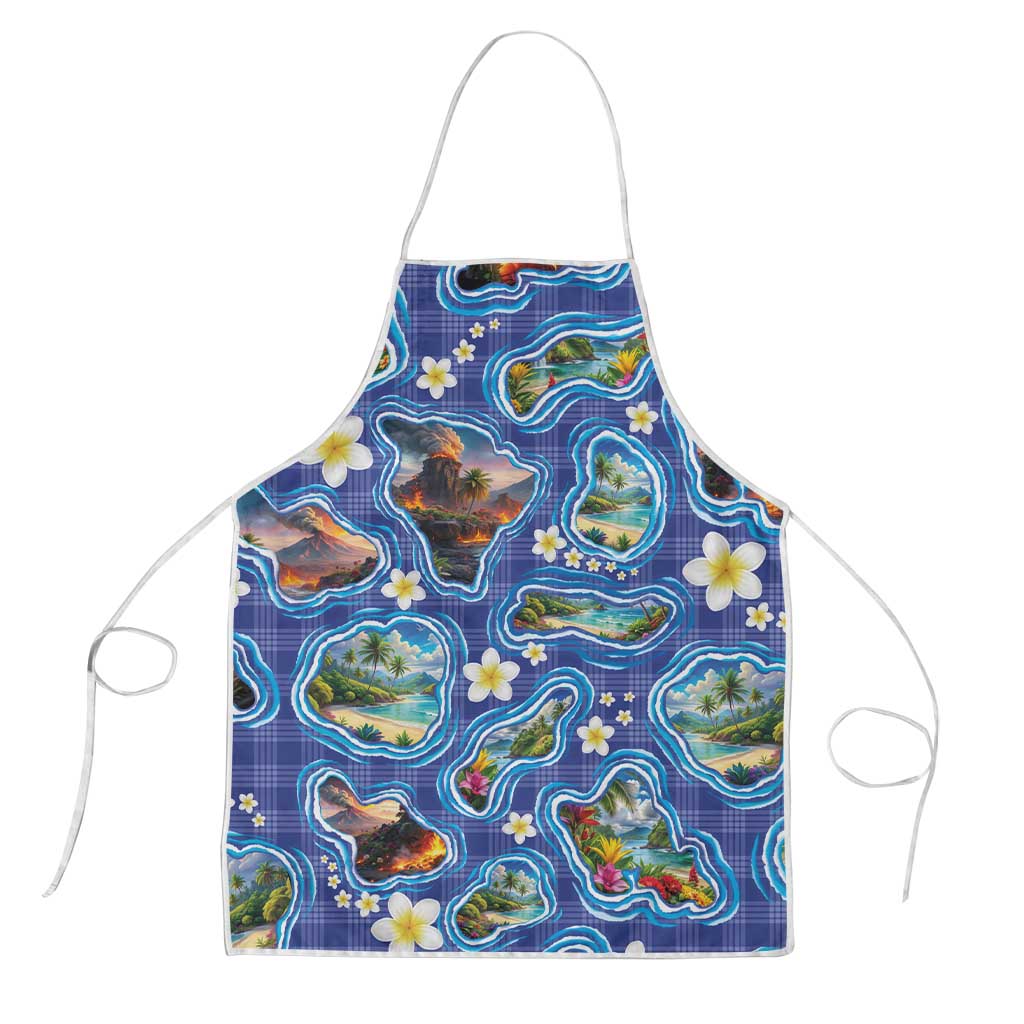 Hawaiian Island Shapes-Iconic Landscape Apron with Plumeria and Palaka Blue Color LT03 Blue - Polynesian Pride