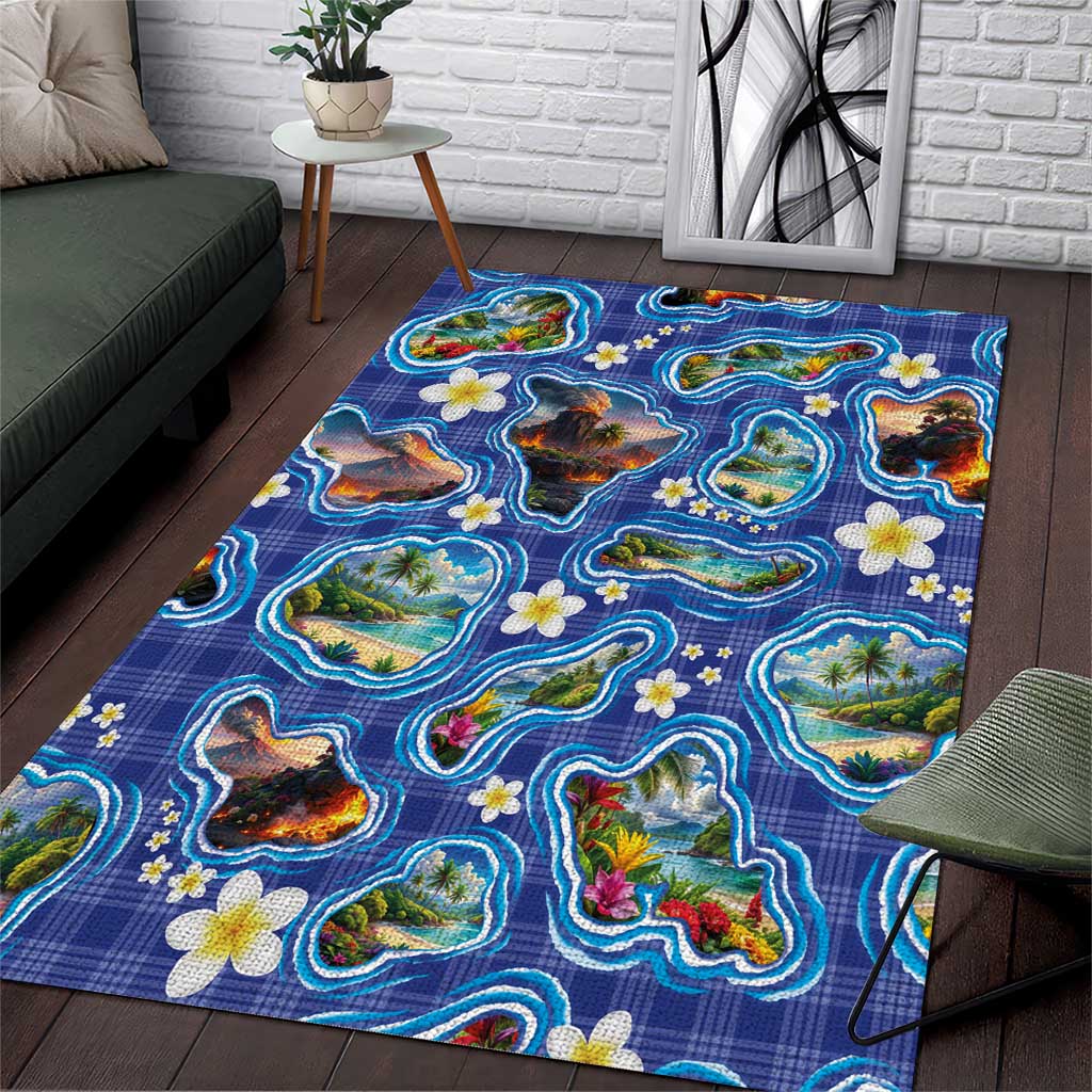 Hawaiian Island Shapes-Iconic Landscape Area Rug with Plumeria and Palaka Blue Color