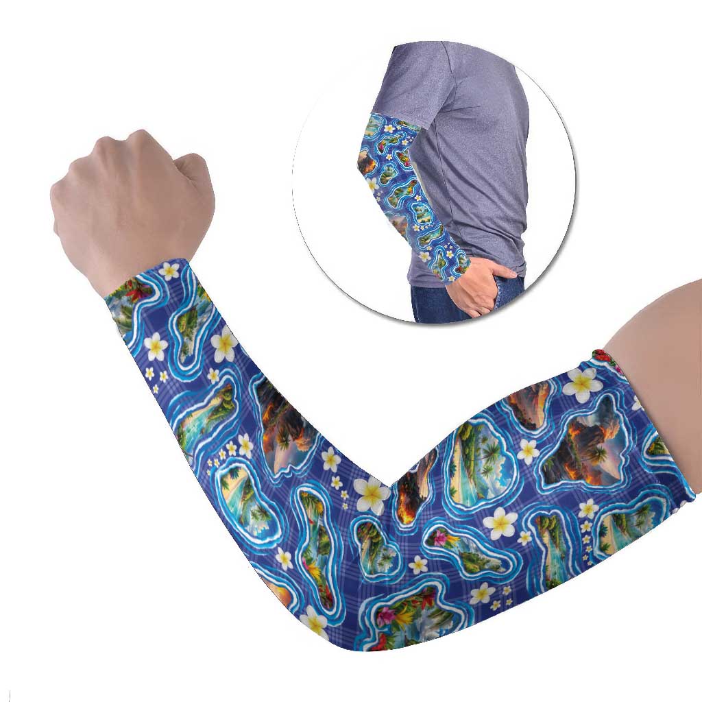Hawaiian Island Shapes-Iconic Landscape Arm Sleeves with Plumeria and Palaka Blue Color LT03 Set of 2 Blue - Polynesian Pride