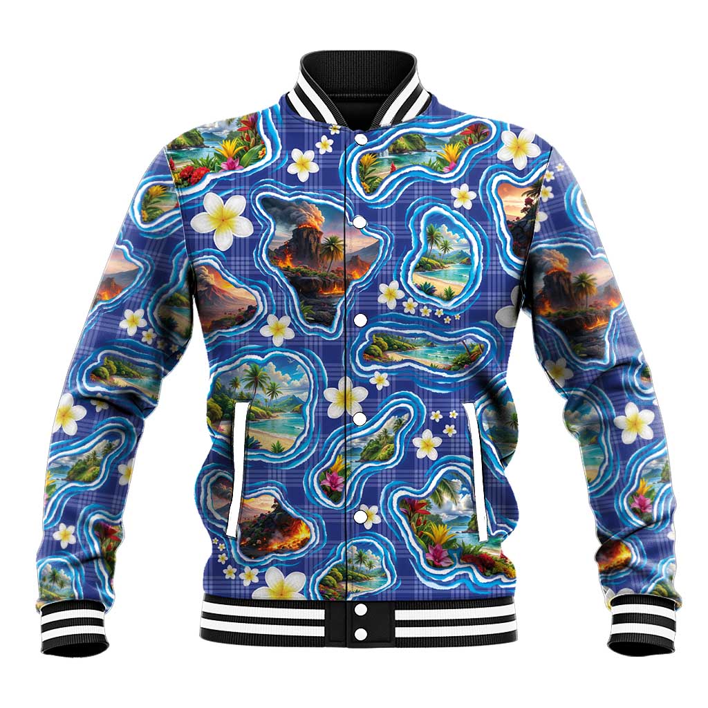 Hawaiian Island Shapes-Iconic Landscape Baseball Jacket with Plumeria and Palaka Blue Color LT03 Unisex Blue - Polynesian Pride
