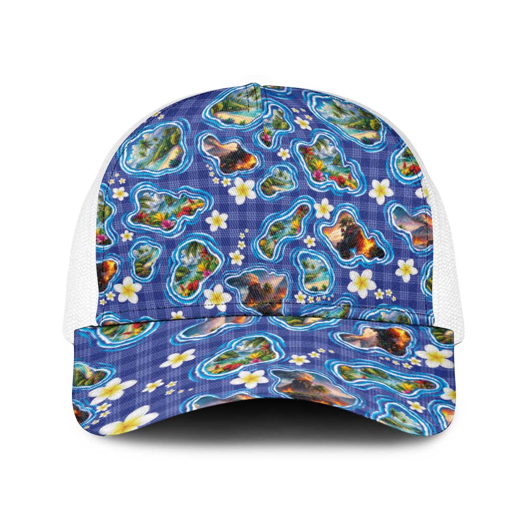 Hawaiian Island Shapes-Iconic Landscape Baseball Net Cap with Plumeria and Palaka Blue Color LT03 One Size White Blue - Polynesian Pride