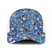 Hawaiian Island Shapes-Iconic Landscape Baseball Net Cap with Plumeria and Palaka Blue Color LT03 One Size White Blue - Polynesian Pride
