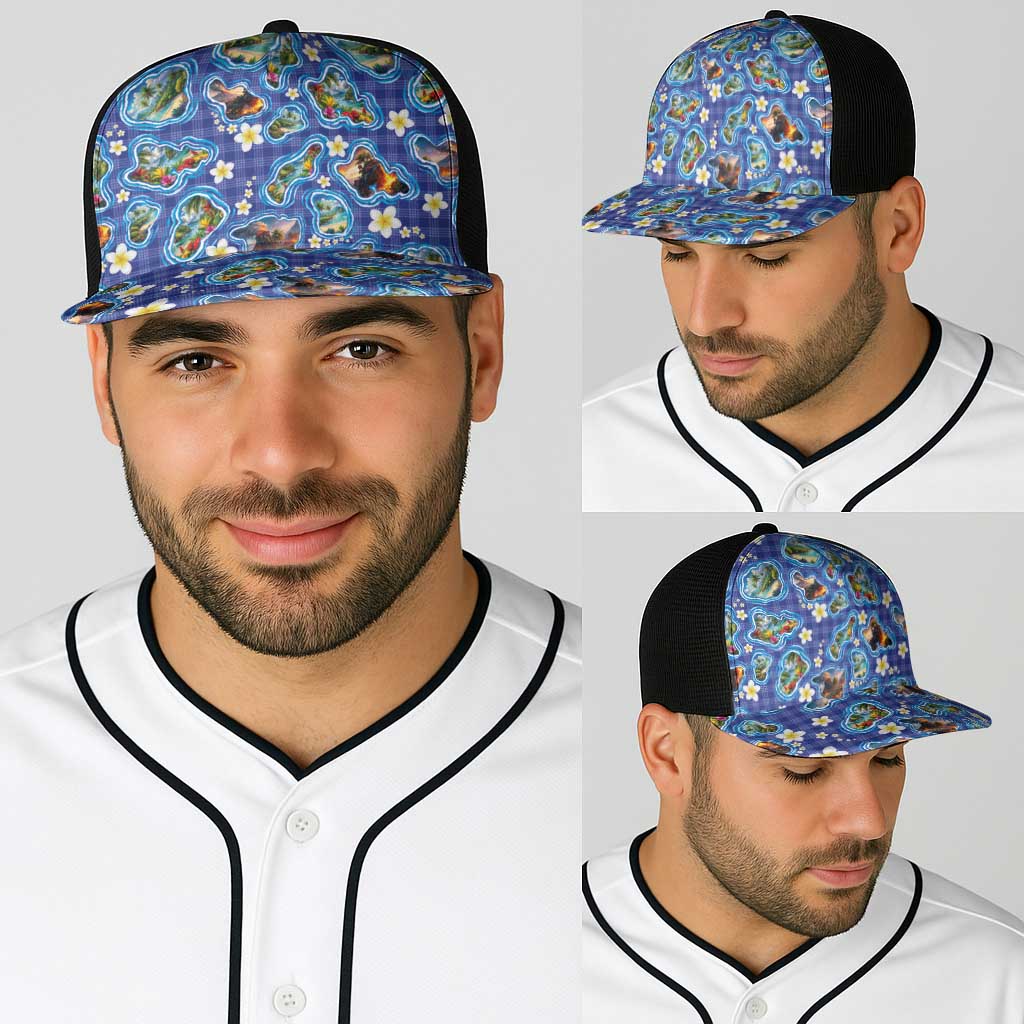 Hawaiian Island Shapes-Iconic Landscape Baseball Net Cap with Plumeria and Palaka Blue Color LT03 - Polynesian Pride