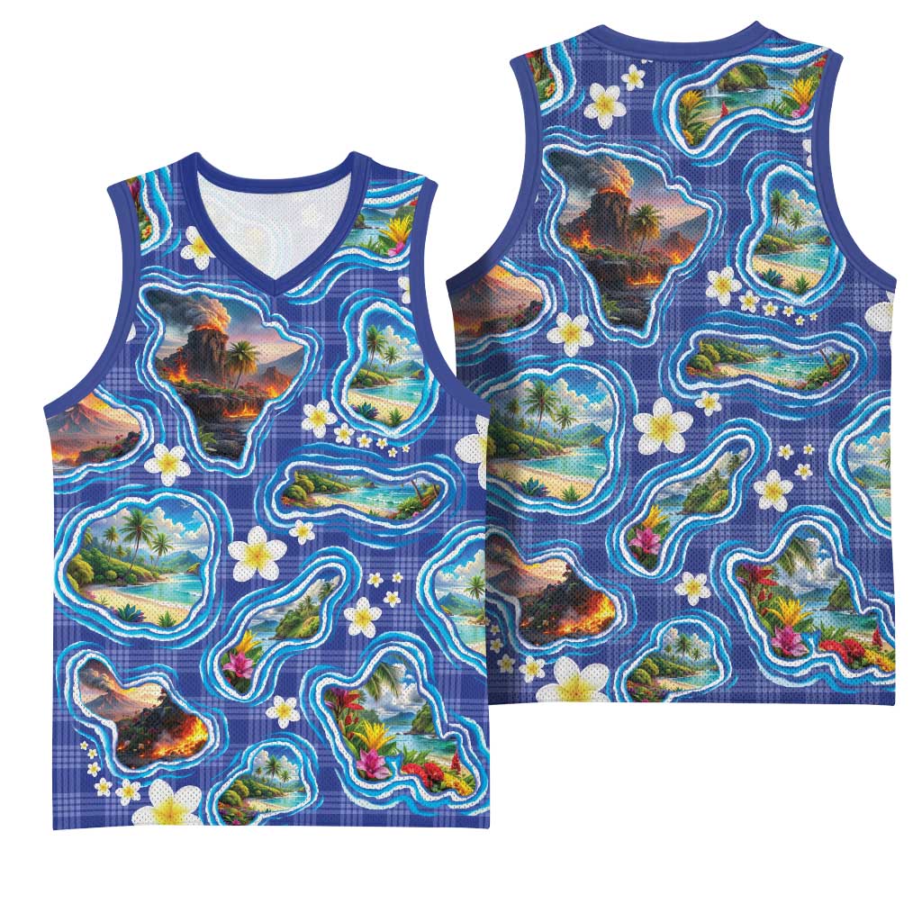 Hawaiian Island Shapes-Iconic Landscape Basketball Jersey with Plumeria and Palaka Blue Color