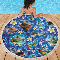 Hawaiian Island Shapes-Iconic Landscape Beach Blanket with Plumeria and Palaka Blue Color LT03 - Polynesian Pride